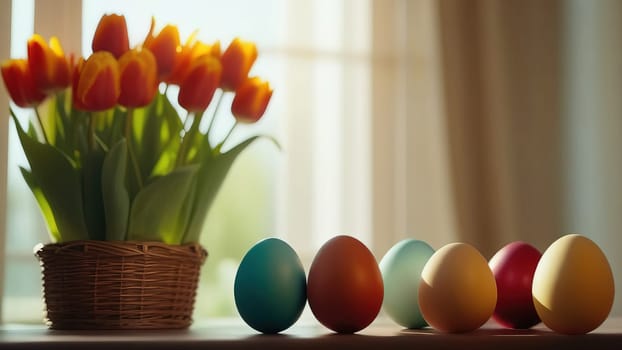 Table with vase of tulips, colorful Easter eggs. Eggs and vase of tulips on kitchen table near window. Happy Easter greeting card, banner, festive background. Blurred background. Copy space