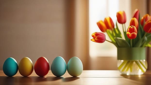 Table with vase of tulips, colorful Easter eggs. Eggs and vase of tulips on kitchen table near window. Happy Easter greeting card, banner, festive background. Blurred background. Copy space