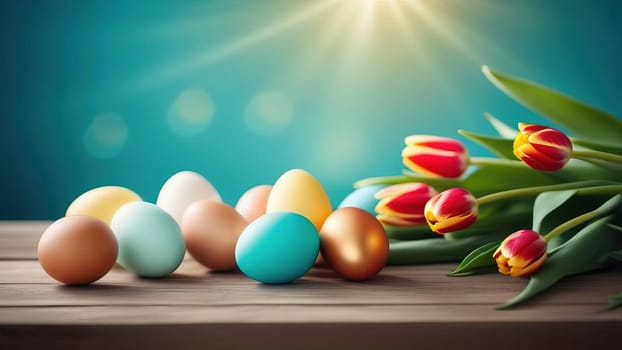 Table with tulips, colorful Easter eggs. Eggs and tulips on kitchen table near window. Happy Easter greeting card, banner, festive background. Blurred background. Copy space