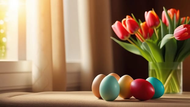 Table with vase of tulips, colorful Easter eggs. Eggs and vase of tulips on kitchen table near window. Happy Easter greeting card, banner, festive background. Blurred background. Copy space