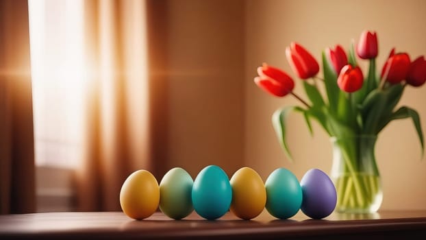 Table with vase of tulips, colorful Easter eggs. Eggs and vase of tulips on kitchen table near window. Happy Easter greeting card, banner, festive background. Blurred background. Copy space