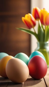 Table with vase of tulips, colorful Easter eggs. Eggs and vase of tulips on kitchen table near window. Happy Easter greeting card, banner, festive background. Blurred background. Copy space