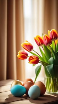 Table with vase of tulips, colorful Easter eggs. Eggs and vase of tulips on kitchen table near window. Happy Easter greeting card, banner, festive background. Blurred background. Copy space