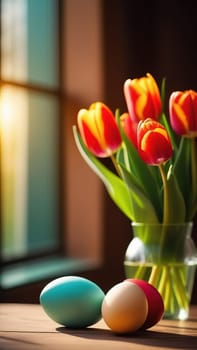Table with vase of tulips, colorful Easter eggs. Eggs and vase of tulips on kitchen table near window. Happy Easter greeting card, banner, festive background. Blurred background. Copy space