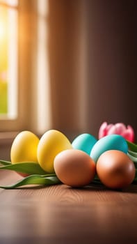 Table with tulips, colorful Easter eggs. Eggs and tulips on kitchen table near window. Happy Easter greeting card, banner, festive background. Blurred background. Copy space