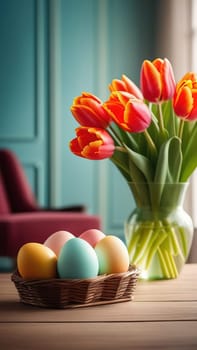 Table with vase of tulips, colorful Easter eggs. Basket of eggs and vase of tulips on kitchen table near window. Happy Easter greeting card, banner, festive background. Blurred background. Copy space