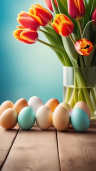 Table with vase of tulips, colorful Easter eggs. Eggs and vase of tulips on kitchen table near window. Happy Easter greeting card, banner, festive background. Blurred background. Copy space