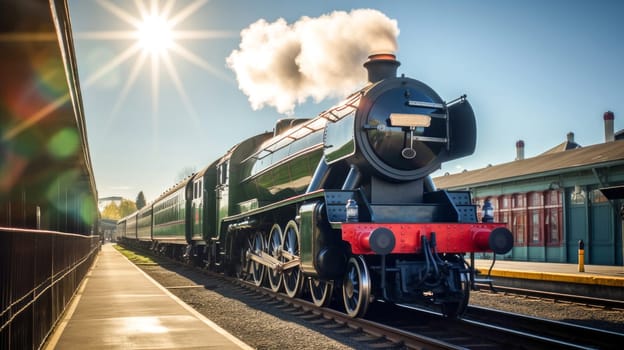 Vintage steam train with ancient locomotive and old carriages on railway on the station in the countryside with sun flare on background