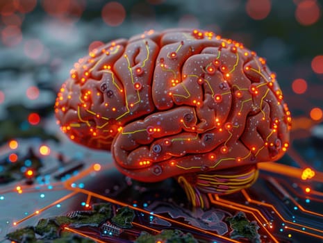 A professional macro shot of a cybernetic brain model placed on a circuit board, showcasing the fusion of biology and technology.