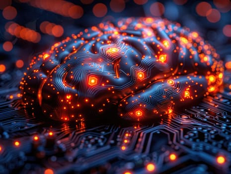 A close-up shot of a computer circuit board with a glowing brain placed on it.