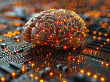 A professional macro shot of a cybernetic brain resting on top of a computer circuit board, showcasing the fusion of technology and artificial intelligence.