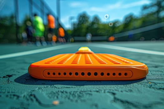 A close-up shot of an orange device placed on a tennis court surface, capturing the equipment used for sports training and practice.