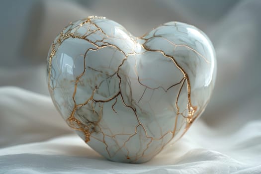 A white heart-shaped vase placed on top of a white cloth.