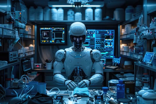 A robot is calmly seated among various electronic devices in a high-tech room.