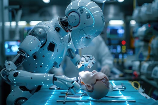 A robot is seen diligently working on a piece of equipment in a modern production facility.