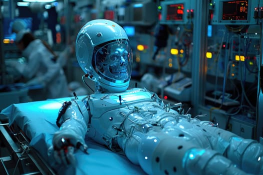 A robot is seated on top of a table in a modern indoor space.