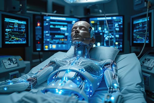 A man is lying in a hospital bed in front of monitors, receiving medical care and monitoring his vital signs.