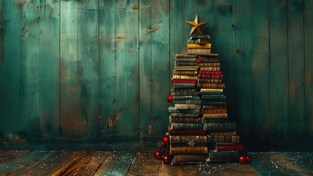 A unique Christmas tree made entirely of books standing on a wooden floor, creating a festive and literary atmosphere.