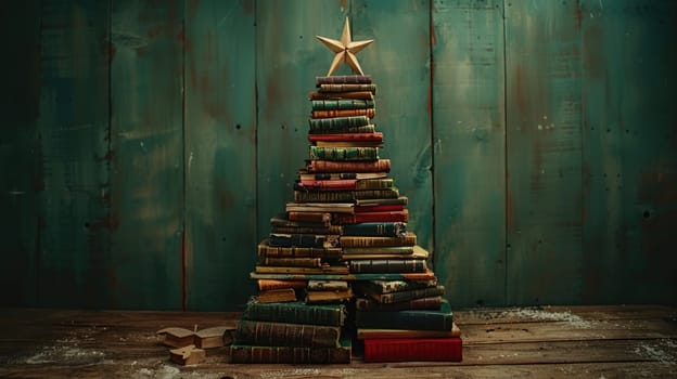A Christmas tree made entirely of books placed on a table, creating a unique and literary holiday decoration.