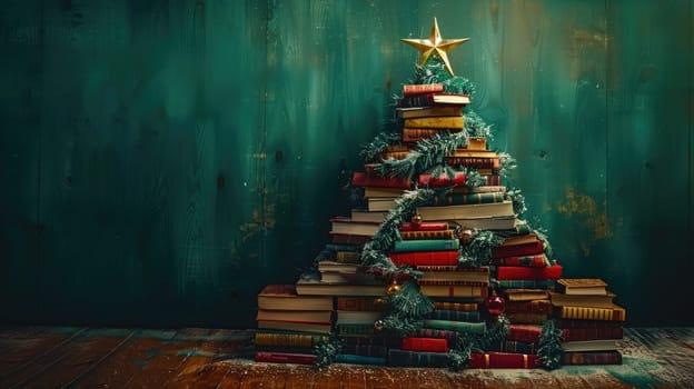 A Christmas tree made out of books with a star on top, creatively arranged in a festive display.