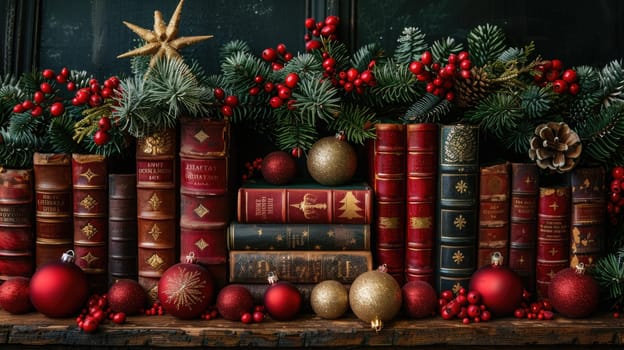 A professional photograph of a painting showing a collection of books and Christmas decorations neatly arranged on a shelf.