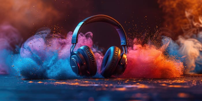 A pair of modern headphones placed in front of billowing colored smoke, creating a vibrant and eye-catching scene.
