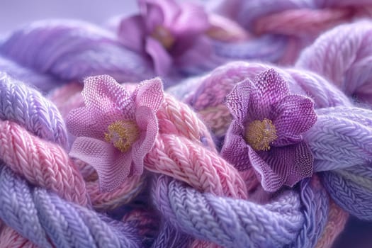 A stack of colorful yarn with vibrant flowers placed on top, showcasing a blend of textures and colors.