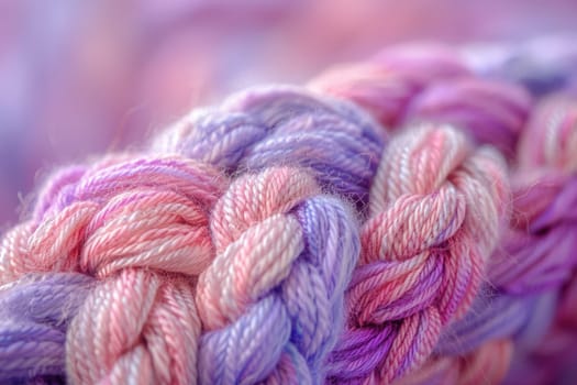 A close-up view of a multicolored skein of yarn, showcasing the vibrant colors and intricate patterns of the fibers.