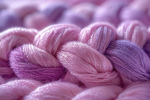 Multiple skeins of pink and purple yarn neatly arranged.