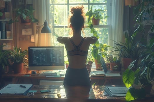 A woman is standing in front of a desk with a computer, appearing to be engaged in work or study.