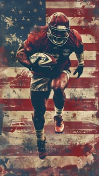 Grunge collage of rugby player with ball on American flag background ai generated