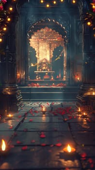 Indian old temple with candles diwali celebration background ai generated image