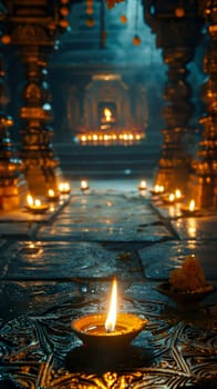 Indian candle in old temple diwali celebration background ai generated image