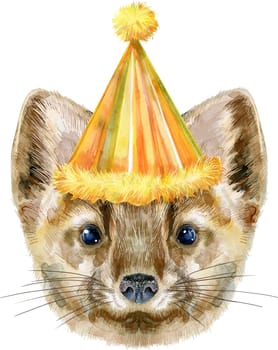 Small, funny, brown sable in party hat on a white background, isolated image, illustration watercolor