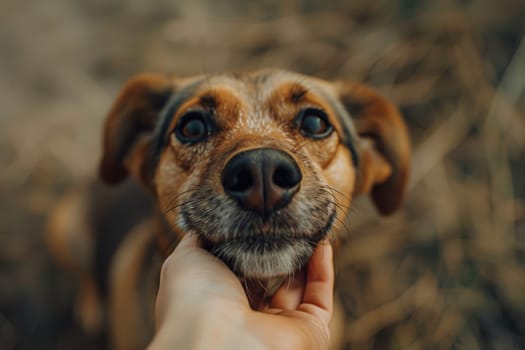 Dog wallpaper, photo of a dog with a sad face and a hand holds it from under the snout.