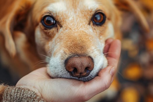 Dog wallpaper, photo of a dog with a sad face and a hand holds it from under the snout.