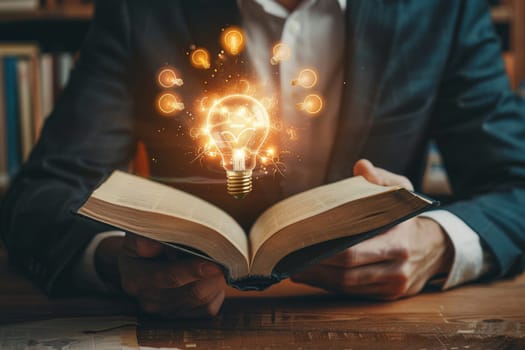 Portrait of man reading book and a light bulb, reading books for inspiration or looking for ideas.