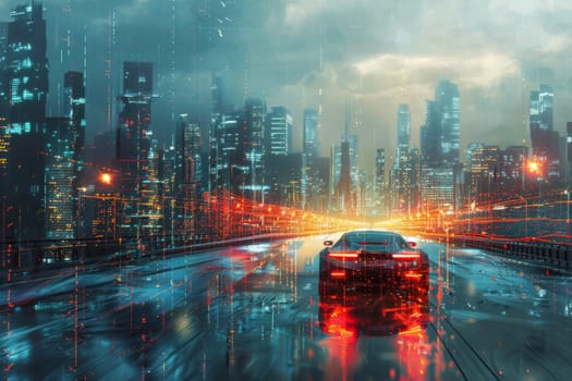 futuristic car in cyber city, Self driving car navigating through a cityscape with precision.