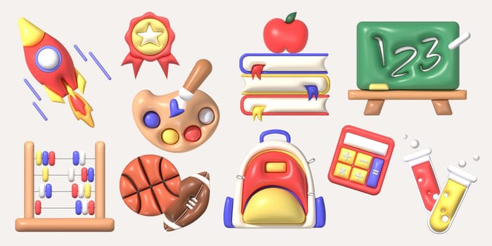 3d education set, symbol for back to school. 3d cartoon minimal illustration. High quality photo