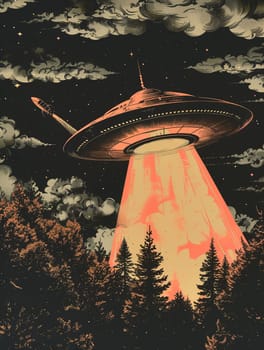 Grunge poster depicting Flying Saucer, UFOs, in the style of the 60-70s. Science fiction. AI generated