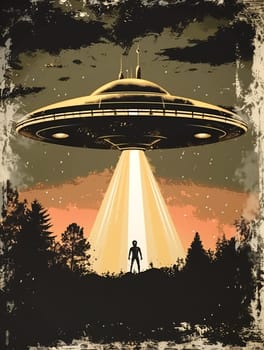 Grunge poster depicting Flying Saucer, UFOs, in the style of the 60-70s. Science fiction. AI generated