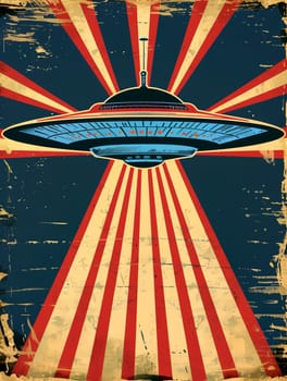 Grunge poster depicting Flying Saucer, UFOs, in the style of the 60-70s. Science fiction. AI generated