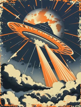 Grunge poster depicting Flying Saucer, UFOs, in the style of the 60-70s. Science fiction. AI generated