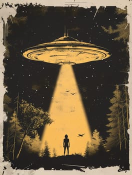 Grunge poster depicting Flying Saucer, UFOs, in the style of the 60-70s. Science fiction. AI generated