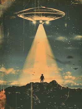 Grunge poster depicting Flying Saucer, UFOs, in the style of the 60-70s. Science fiction. AI generated