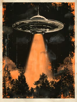 Grunge poster depicting Flying Saucer, UFOs, in the style of the 60-70s. Science fiction. AI generated