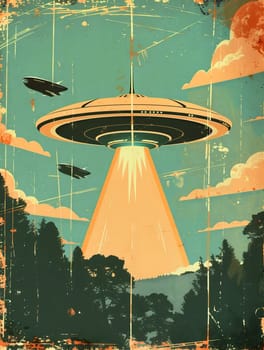 Grunge poster depicting Flying Saucer, UFOs, in the style of the 60-70s. Science fiction. AI generated