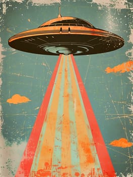 Grunge poster depicting Flying Saucer, UFOs, in the style of the 60-70s. Science fiction. AI generated