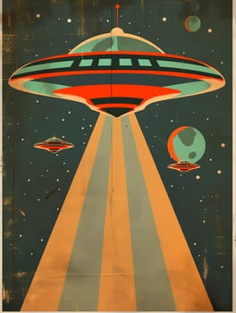 Grunge poster depicting Flying Saucer, UFOs, in the style of the 60-70s. Science fiction. AI generated