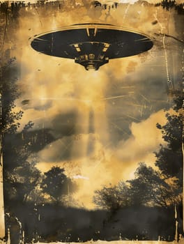 Grunge poster depicting Flying Saucer, UFOs, in the style of the 60-70s. Science fiction. AI generated